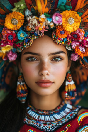 Portrait of a beautiful young Latin American model wearing a vibrant, handcrafted headdress and traditional clothingの素材