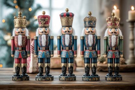 Four colorful wooden nutcrackers wearing crowns and standing at attention on a wooden surface, celebrating Christmasの素材