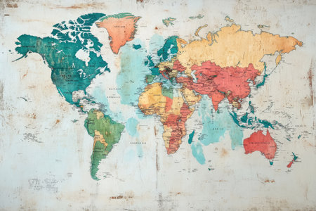 Detailed watercolor world map in pastel colors is displayed on a textured background, perfect for educational or travel conceptsの素材