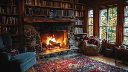 Cozy rustic cabin interior with burning fireplace, armchairs, bookshelves and autumnal viewの素材