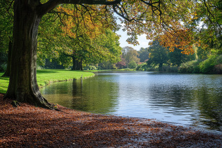 Large tree is casting a shadow over a lake in a peaceful park in autumnの素材