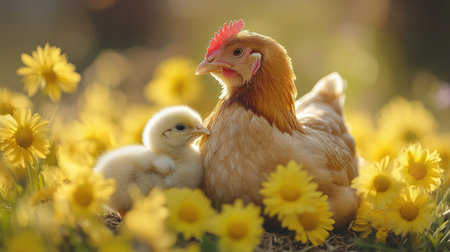 Hen is sitting in a field of yellow flowers while protecting her chick under her wingの素材