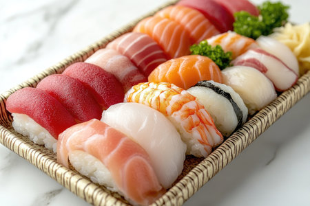 Delicious assortment of fresh nigiri sushi presented on a platter, showcasing the vibrant colors and textures of Japanese cuisineの素材