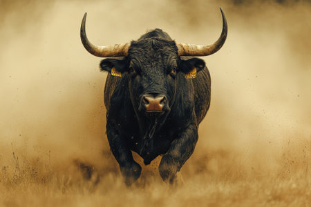 Muscular bull charges forward, kicking up a cloud of dustの素材
