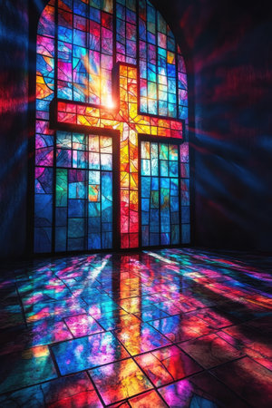 Sun rays shining through a colorful stained glass church window depicting a cross, illuminating the tiled floorの素材
