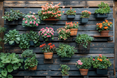 Many colorful flowers and plants growing in pots on wooden shelves, creating a vibrant and beautiful displayの素材