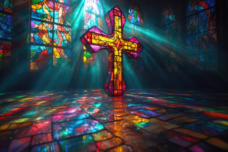 Sunbeams illuminating stained glass cross in church interior, creating a colorful and spiritual atmosphereの素材