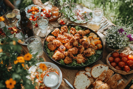 Sharing a delicious meal of crispy fried chicken, fresh garden vegetables, and bread on a rustic outdoor table, creating a delightful summer picnic atmosphereの素材