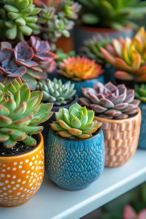 Various colorful succulents thriving in decorative ceramic pots, displayed on a white shelf, creating a vibrant and lively sceneの素材