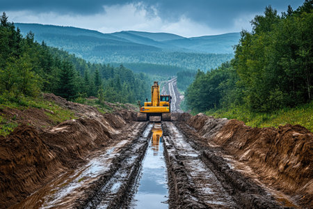 Yellow excavator driving on muddy road, creating tracks in forest road construction projectの素材