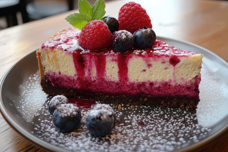 Creamy cheesecake slice served on a plate, garnished with raspberries, blueberries, berry sauce, and powdered sugarの素材