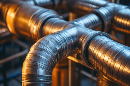 Shiny metallic pipes intersecting and creating a network for ventilation or other industrial purposesの素材