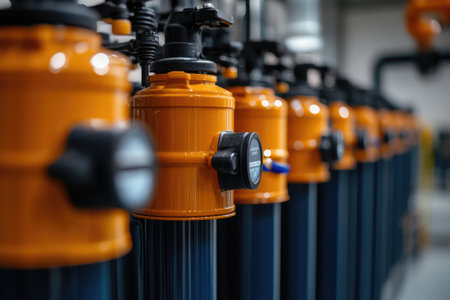 Orange and blue water purification system operating in an industrial setting, ensuring clean and safe water supplyの素材