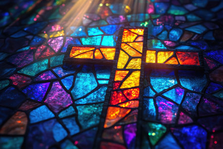 Sunbeams illuminating a stained glass cross in a church, creating a vibrant and spiritual atmosphereの素材