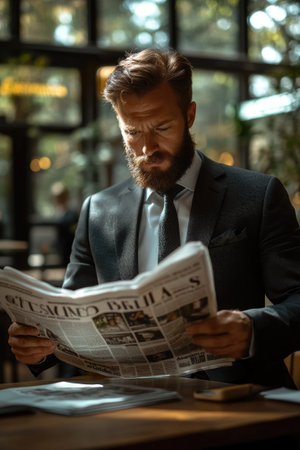 Serious businessman in suit reading newspaper while sitting in cafeの素材
