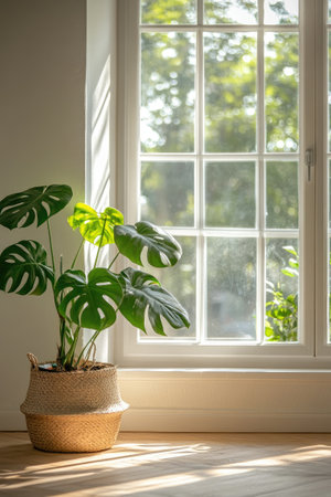 Monstera deliciosa plant thrives in natural light streaming through a window in a contemporary home, adding a touch of nature to the interiorの素材