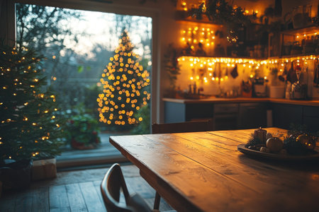 Warm Christmas kitchen interior with glowing Christmas tree visible through patio doors and fairy lights creating a cozy ambianceの素材