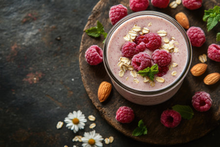 Glass jar of healthy raspberry smoothie topped with oats, almonds, fresh mint, and raspberries, creating a vibrant and nutritious breakfast or snack optionの素材