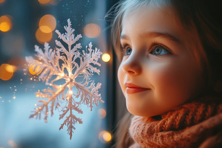 Portrait of cute child admiring beautiful snowflake decoration on window during winter holidaysの素材