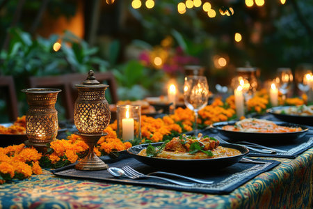 Traditional Indian dishes served on a decorated table with burning candles and marigold flowers, creating a warm and inviting atmosphereの素材