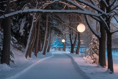 Winter wonderland scene featuring a snow-covered path illuminated by spherical lights hanging from snow-laden trees at twilightの素材