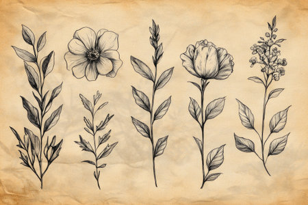 Detailed pencil drawings of various flowers and leaves create a vintage botanical illustration on aged paperの素材