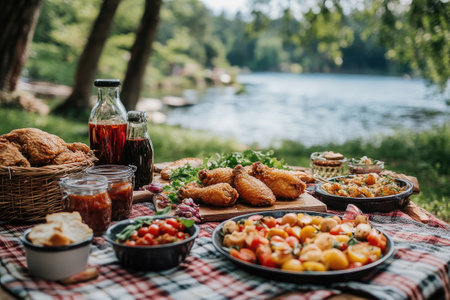 Enjoying a summer picnic with fried chicken, salads, and refreshing drinks by a scenic lakeの素材