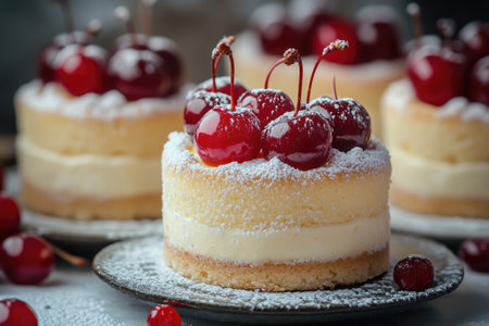 Small individual layered cakes topped with glazed cherries and powdered sugar, creating a tempting dessertの素材