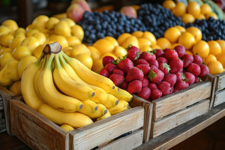 Fresh bananas, strawberries, lemons and grapes displayed in wooden crates at the farmers marketの素材