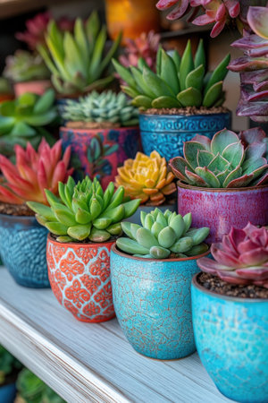 Various colorful succulents thriving in decorative ceramic pots, displayed on a white shelf, creating a vibrant and lively sceneの素材