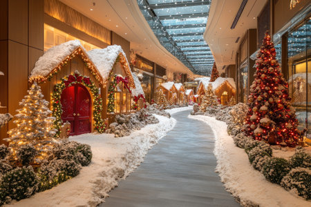 Pathway covered with snow leading through small wooden houses decorated with Christmas lights and ornaments inside a shopping centerの素材