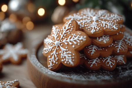 Close-up of snowflake-shaped gingerbread cookies stacked on a wooden plate, dusted with powdered sugar, creating a festive Christmas sceneの素材