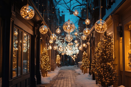 Festive christmas lights illuminating a charming snowy alleyway at twilight, creating a magical holiday atmosphereの素材