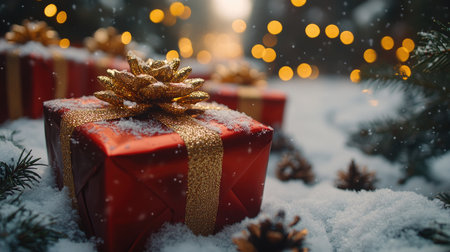 Wrapped christmas presents with golden bows lying on snow under falling snowflakes near pine branches and string lights, creating a magical Christmas atmosphereの素材
