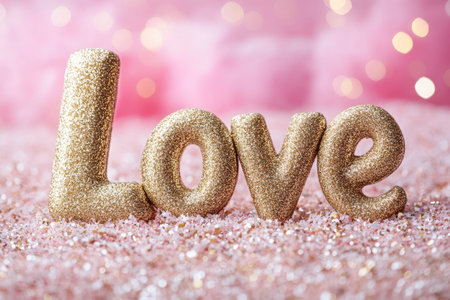 Golden love sign with glitter stands on a sparkling pink background with bokeh, perfect for Valentine's Day projectsの素材
