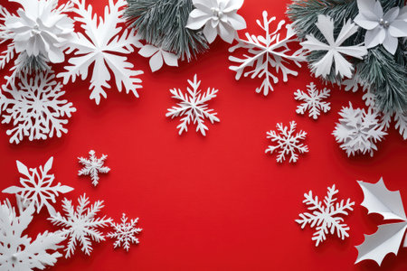 White paper snowflakes and pine branches creating a festive Christmas border on a vibrant red backgroundの素材
