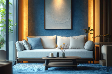 Stylish and cozy living room with blue wall, white sofa, wooden coffee table, and warm lighting, creating a relaxing atmosphereの素材
