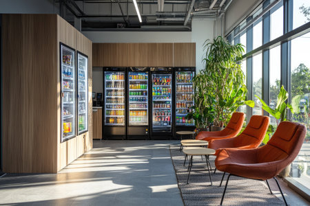 Vending machines offering various snacks and drinks in a modern office break room, providing a convenient and comfortable space for employees to relax and rechargeの素材
