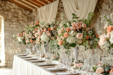 Elegant wedding table setting featuring lush peach and white floral centerpieces in a rustic stone barnの素材