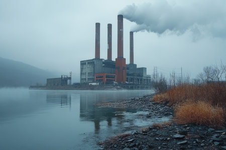 Industrial landscape showing a power plant emitting smoke and steam on a foggy day, reflecting on the waterの素材