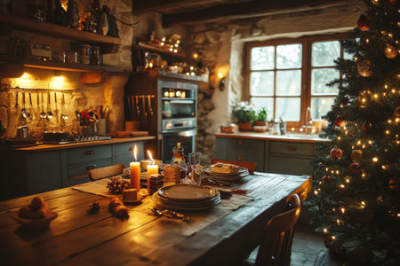 Warm christmas eve dinner table setting in cozy rustic kitchen with lit christmas tree and candles, creating magical atmosphereの素材