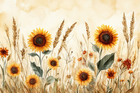 Watercolor painting of sunflowers and wheat growing in a field, creating a rustic and autumnal sceneの素材