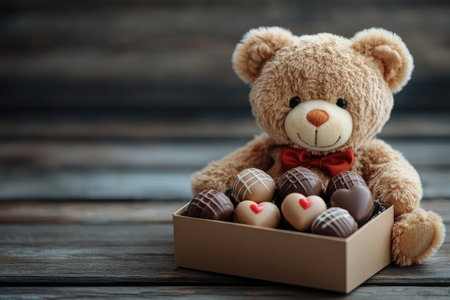 Brown teddy bear with red bow tie presenting a box of assorted heart-shaped chocolates for Valentine's Dayの素材