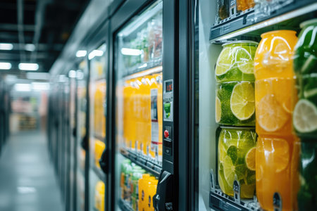 Modern vending machine offering a variety of refreshing cold beverages with fruit slices, located in a contemporary building interiorの素材