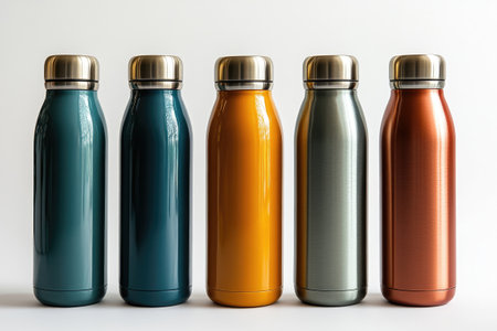 Five reusable colorful metal water bottles are standing in a row on white background, promoting hydration and sustainabilityの素材