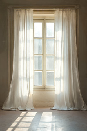 Sunlight is illuminating an elegant room through a large window with white curtainsの素材