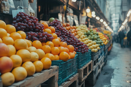 Vibrant arrangement of various fruits on wooden pallets, showcasing freshness and abundance in a market settingの素材