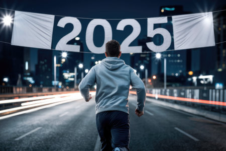 Rear view of an athlete running towards the finish line with the year 2025, new year's resolutions and future goals conceptの素材