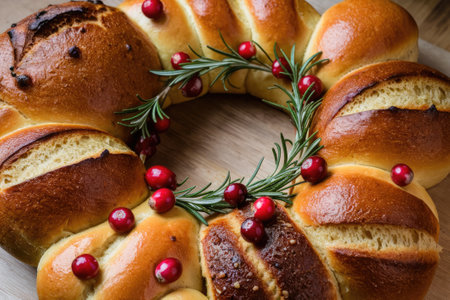 Freshly baked Christmas bread wreath decorated with rosemary and cranberries, creating a festive centerpieceの素材
