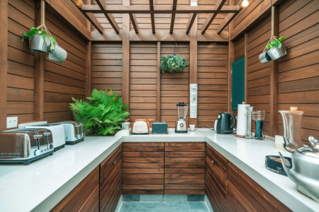 Contemporary outdoor kitchen area equipped with toasters, a blender, and a kettle, all set within a stylish wooden structureの素材
